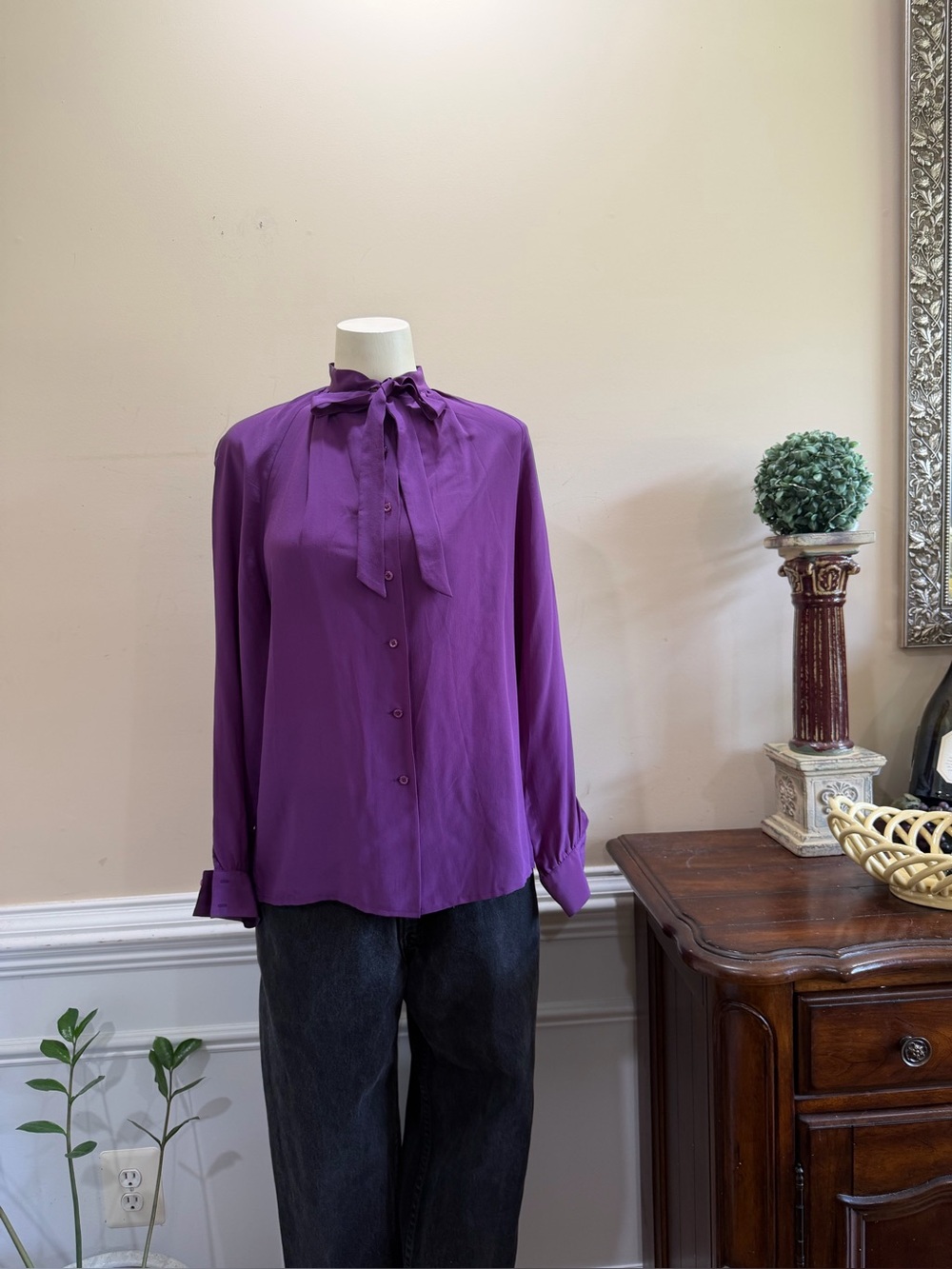 Vintage Silk Daniel Hetcher Purple Tie-Neck Long-Sleeve Blouse